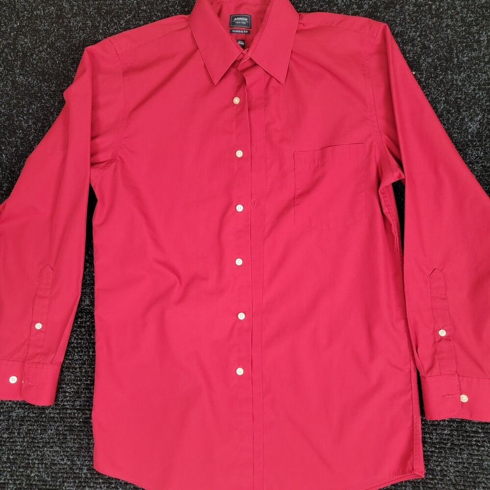 Arrow Classic Fit No Iron Dress Shirt Men's 15 32/33 Red Long Sleeve Button Up